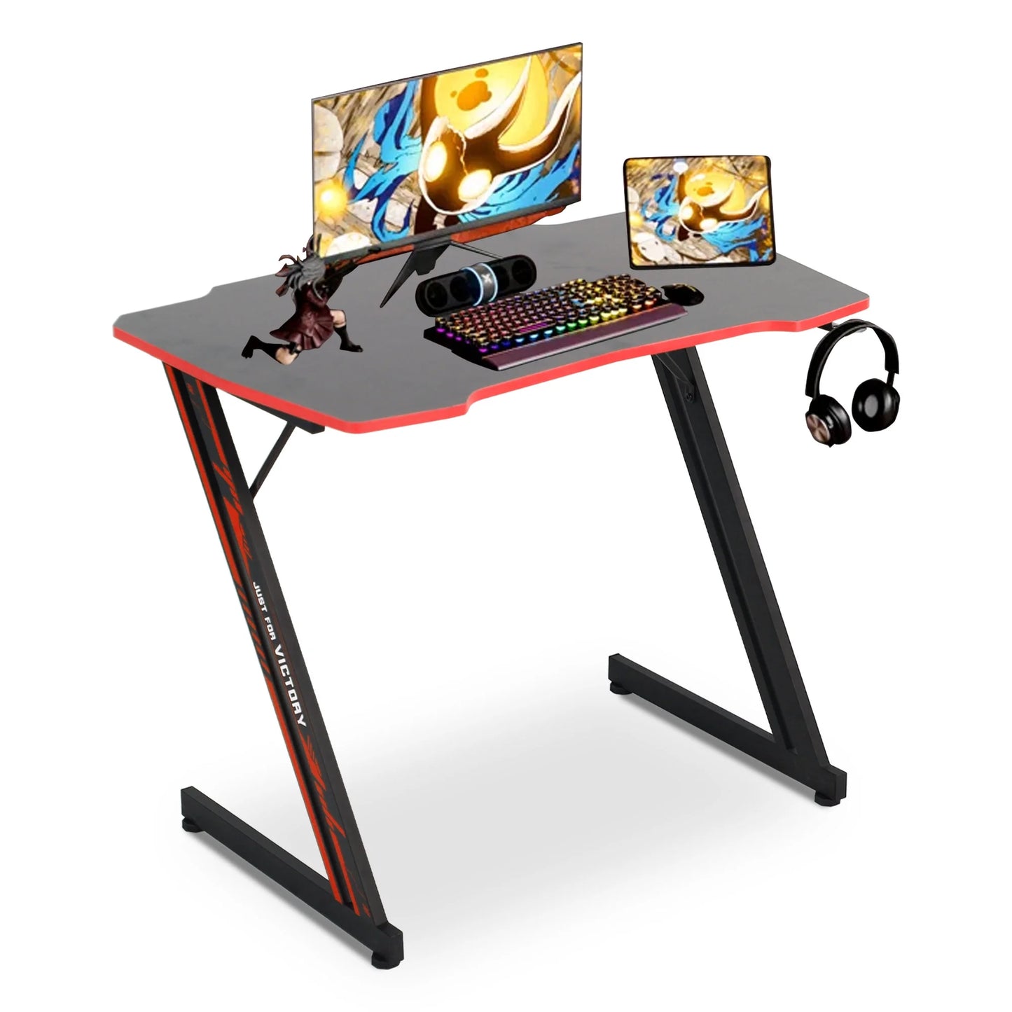 Gaming Desk Z-Shaped Computer Workstation Ergonomic Gaming Desk with Headphone Hook, Red