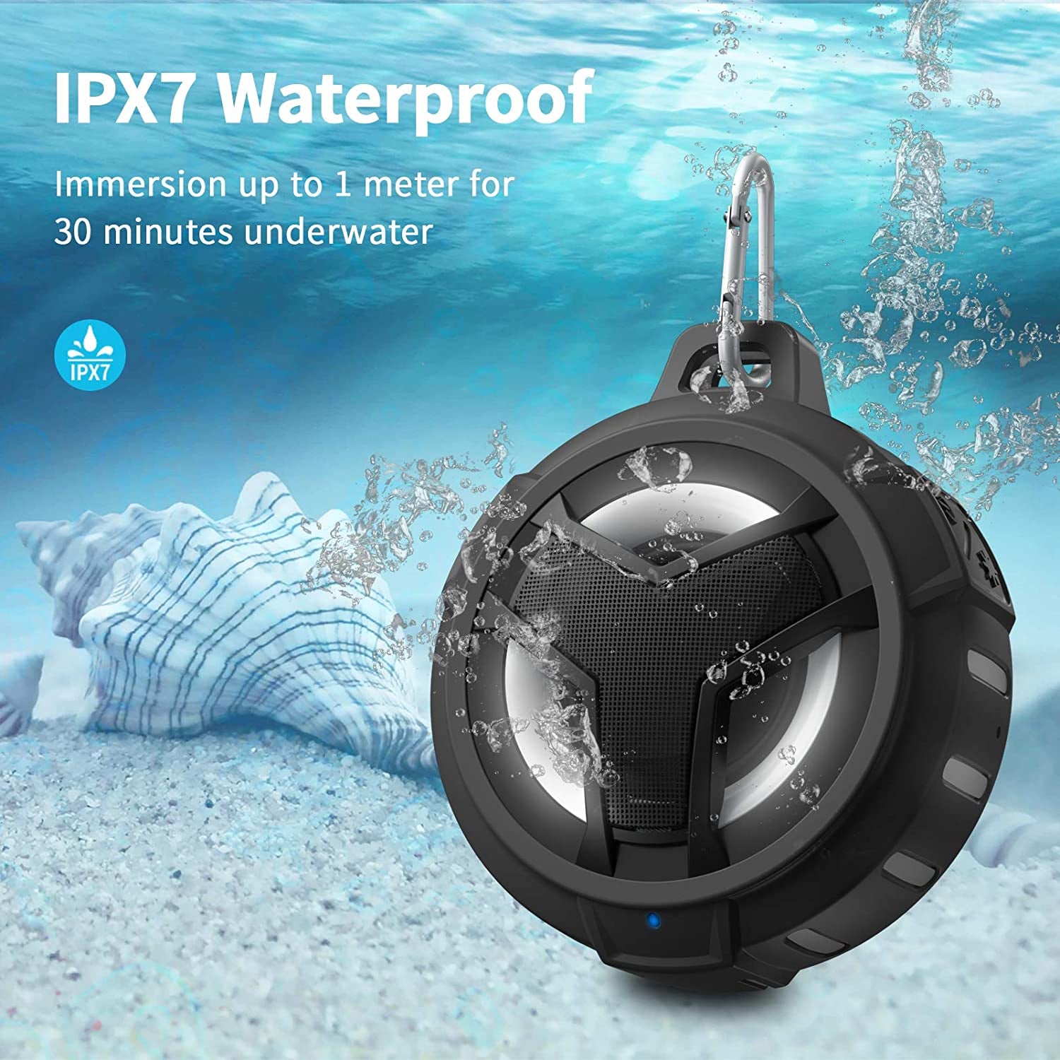 Bluetooth Shower Speaker, Portable Bluetooth Speakers, IP67 Waterproof Wireless Speaker with LED Light, Floating, 2000Mah, True Wireless Stereo for Kayak, Beach, Gifts for Unisex -Black